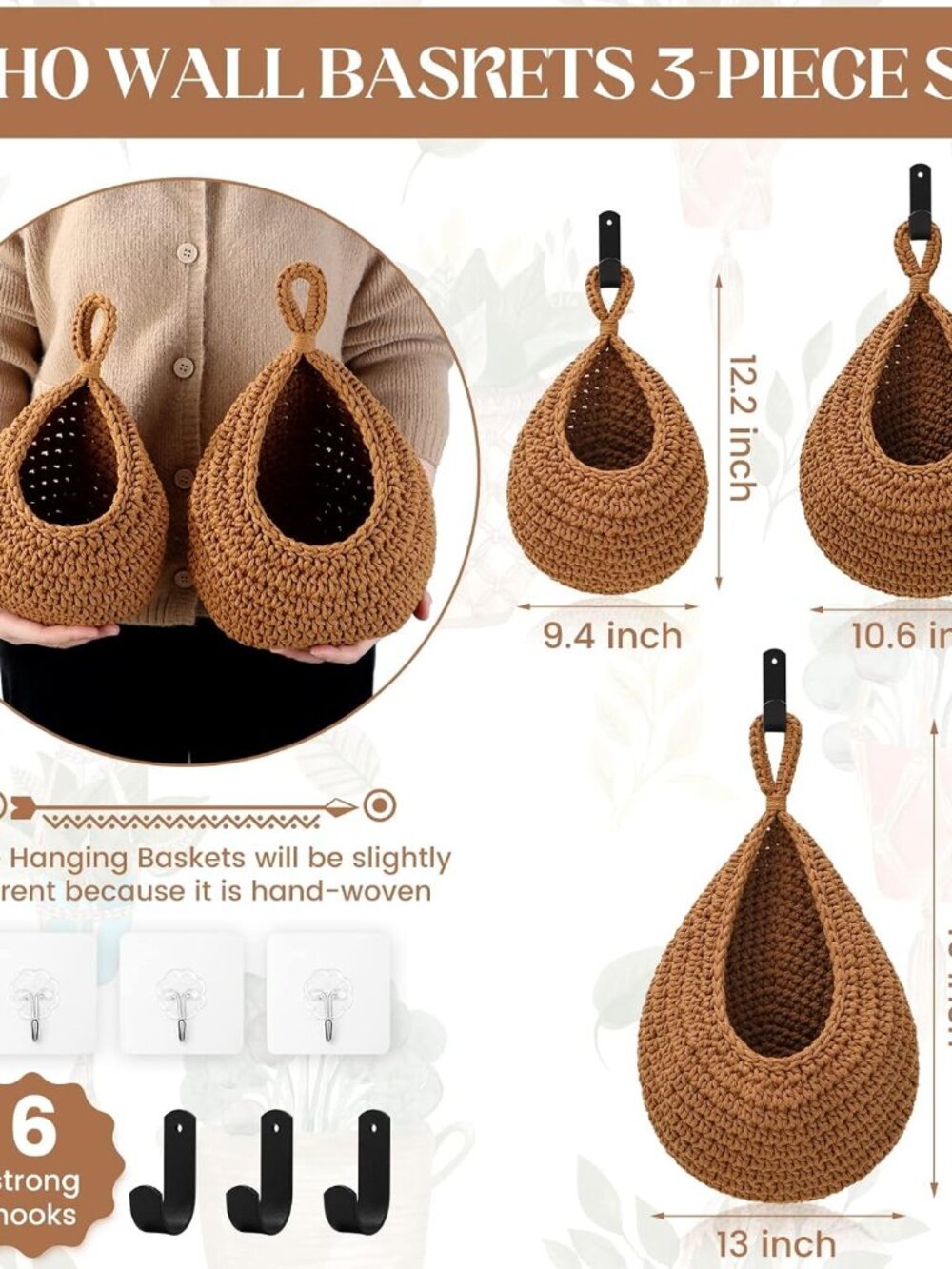 Boho Decor Hanging Fruit Baskets for Kitchen - 3 Pack Wall Hanging Basket with 6 - Picture 4 of 7